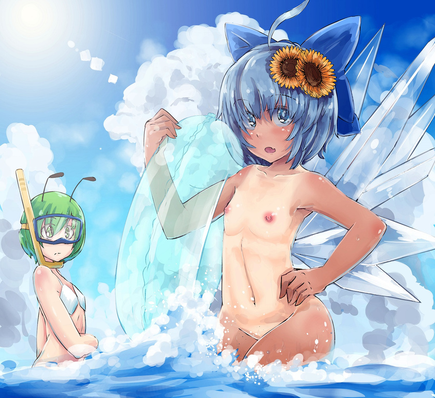ahoge antennae b.d bikini blue_bow blue_eyes blue_hair blue_innertube bow breasts cirno closed_mouth collarbone commentary_request day diving_mask diving_mask_on_eyes eyebrows_visible_through_hair flower graphite_(medium) hair_bow hair_flower hair_ornament hand_on_hip hand_up highres holding ice ice_wings innertube looking_at_another looking_at_viewer mechanical_pencil multiple_girls navel nipples nude one-piece_tan open_mouth outdoors pencil public_nudity short_hair small_breasts snorkel standing stomach sun sunflower_hair_ornament swimsuit tan tanline tanned_cirno touhou traditional_media upper_body water wet wings wriggle_nightbug