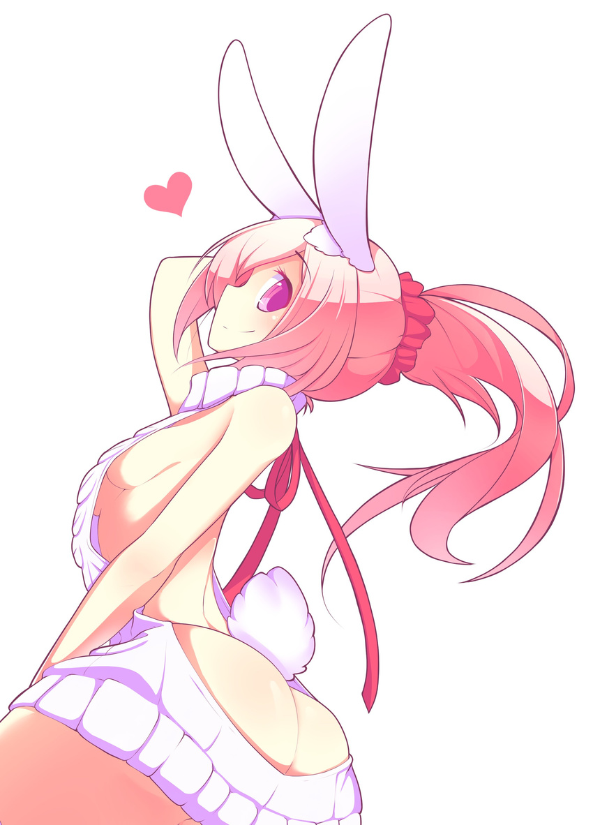 absurdres animal_ears ass breasts bunny_ears bunny_tail fiz_(fizintine) fizintine heart highres long_hair looking_back meme_attire original pink_hair ponytail purple_eyes sideboob small_breasts smile solo tail virgin_killer_sweater white_background
