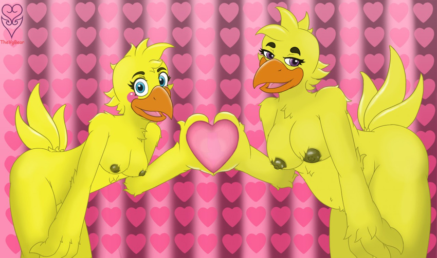 &lt;3 anthro avian beak bird breasts chica_(fnaf) chicken feathers female five_nights_at_freddy's five_nights_at_freddy's_2 overweight slighty_chubby smile thevgbear toy_chica_(fnaf) video_games winged_arms wings yellow_feathers