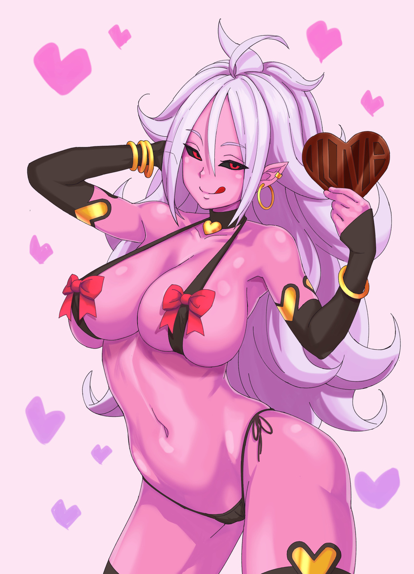 :p ahoge android_21 arm_up arm_warmers bikini black_bikini blush bow box bracelet breast_squeeze breasts chocolate chocolate_heart choker cleavage commentary_request den'en dragon_ball dragon_ball_fighterz ear_piercing earrings gift gift_box half-closed_eyes heart heart_background heart_choker highres hoop_earrings jewelry large_breasts licking_lips long_hair looking_at_viewer majin_android_21 naughty_face navel panties piercing pointy_ears red_bow red_eyes seductive_smile side-tie_bikini side-tie_panties skindentation sling_bikini_top smile solo stomach swimsuit thighhighs tongue tongue_out underwear valentine very_long_hair white_hair