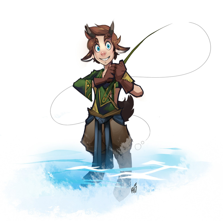 blue_eyes fishing_rod horn humanoid male partially_submerged satyr simple_background smile solo unafkennyart water