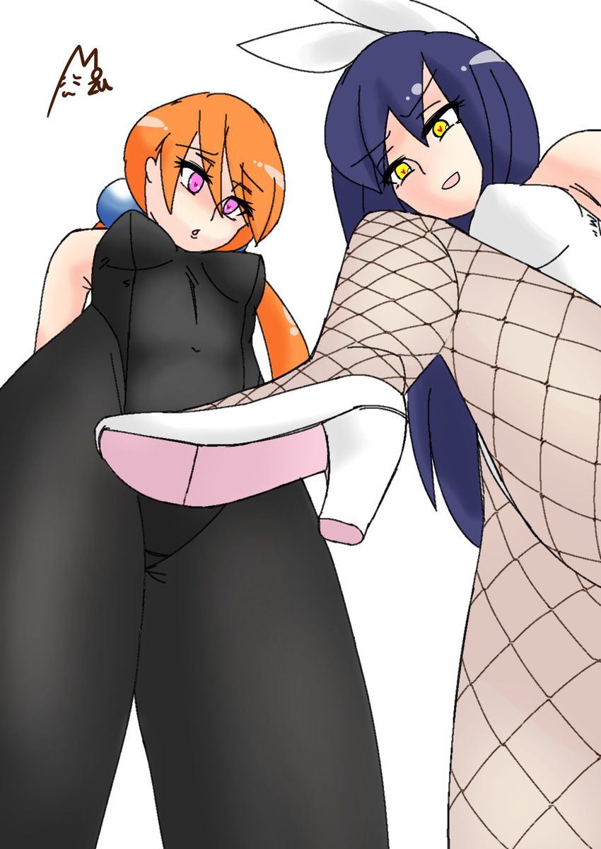 00s 2girls 90s agent_aika alisa_southerncross alternate_costume animal_ears artist_name artist_request bangs bare_arms bare_shoulders black_leotard blue_hair blush bunny_ears bunny_girl bunnysuit crossover crotch delmo eyebrows eyebrows_visible_through_hair fake_animal_ears female fishnet_pantyhose fishnets from_below golden_delmo hair_bobbles hair_ornament hair_ribbon heart heart-shaped_pupils high_heels keroro_gunsou leg_up leotard long_hair looking_at_viewer looking_down low_twintails multiple_girls orange_hair pantyhose petoriyacowa_rie pink_eyes pixiv shoes signature simple_background standing standing_on_one_leg symbol-shaped_pupils text thighs twintails white_footwear white_leotard yellow_eyes