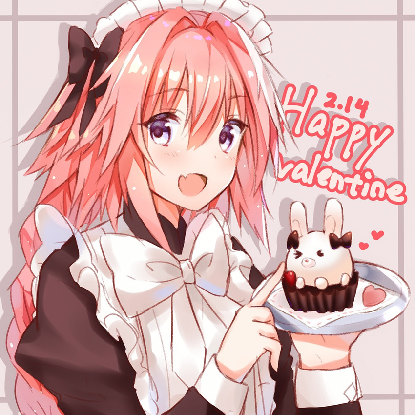 &gt;_o :d alternate_costume apron astolfo_(fate) black_bow blush bow bowtie braid bunny djchanmio enmaided eyebrows_visible_through_hair fate/apocrypha fate_(series) hair_between_eyes hair_bow happy_valentine heart highres holding holding_plate index_finger_raised juliet_sleeves long_hair long_sleeves looking_at_viewer maid maid_headdress male_focus one_eye_closed open_mouth otoko_no_ko pink_hair plate poking puffy_sleeves purple_eyes shiny shiny_hair single_braid smile solo valentine very_long_hair white_apron white_bow white_neckwear