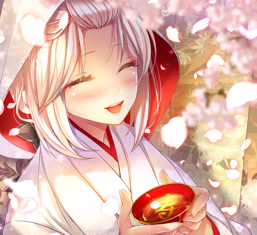 :d alcohol blush closed_eyes cup fate/grand_order fate_(series) hood japanese_clothes kimono looking_at_viewer mia_(gute-nacht-07) okita_souji_(fate) okita_souji_(fate)_(all) open_mouth petals pink_hair sakazuki sake short_hair smile solo uchikake