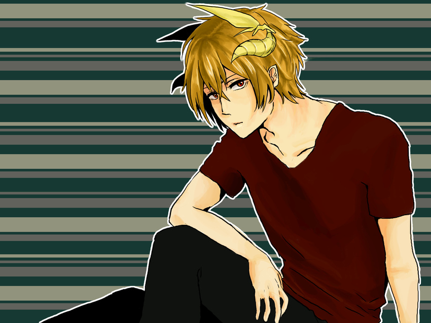 arm_on_knee arm_on_shoulder arm_support blonde_hair collarbone commentary_request highres horns looking_at_viewer looking_to_the_side male_focus red_eyes sennen_sensou_aigis shirooosai shirt sitting solo stray_(sennen_sensou_aigis) striped striped_background t-shirt