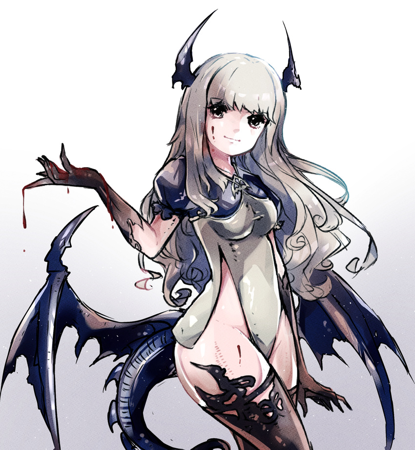 bangs black_gloves black_legwear blood blue_wings breasts character_request closed_mouth collarbone commentary_request dragon_girl dragon_horns dragon_tail elbow_gloves eyebrows_visible_through_hair gloves gradient gradient_background grey_background grey_eyes grey_hair grey_leotard groin head_tilt highleg highleg_leotard highres horns leotard light_smile long_hair low_wings medium_breasts pikomarie puffy_short_sleeves puffy_sleeves shadowverse shingeki_no_bahamut short_sleeves solo tail thighhighs torn_wings very_long_hair walpurgisnacht_(shingeki_no_bahamut) white_background wings