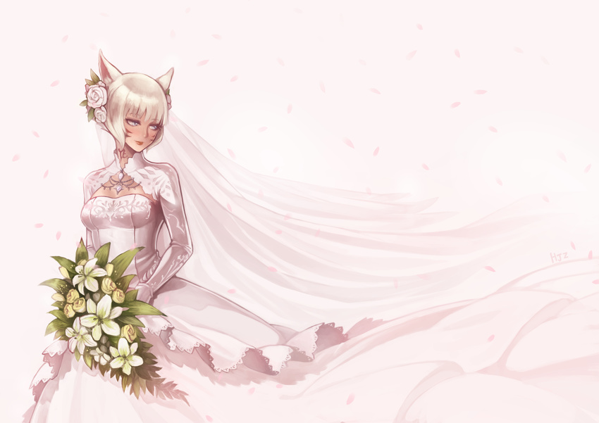catgirl final_fantasy_xiv flowers gloves gray_eyes haimerejzero miqo'te petals short_hair wedding_attire white_hair y'shtola