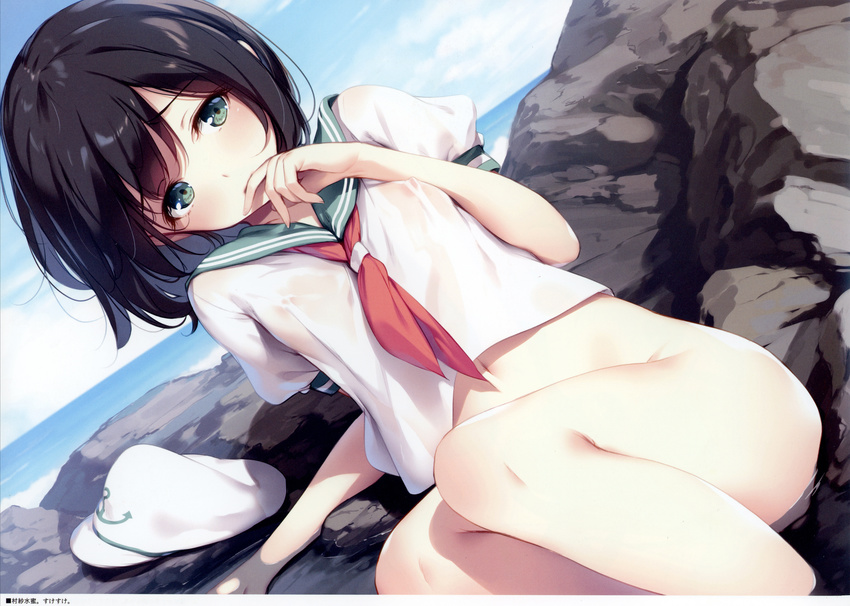 absurdres anchor_symbol black_hair blue_sky blush bottomless breasts convenient_leg day dutch_angle eyebrows_visible_through_hair feet_out_of_frame finger_to_mouth green_eyes green_sailor_collar hat hat_removed head_tilt headwear_removed highres horizon huge_filesize ke-ta looking_at_viewer murasa_minamitsu neckerchief nipples no_bra ocean outdoors raised_eyebrows red_neckwear rock sailor_collar sailor_hat scan see-through shiny shiny_hair shirt short_hair short_sleeves sky small_breasts soaking_feet solo touhou translated water wet wet_clothes wet_shirt white_hat white_shirt