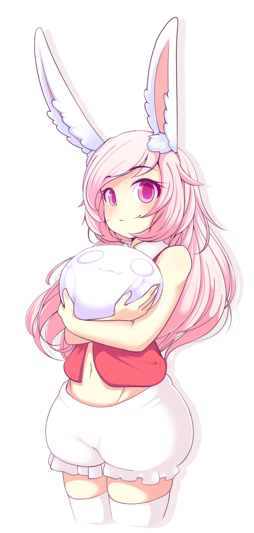 absurdres animal_ears bunny_ears culottes fiz_(fizintine) fizintine highres long_hair looking_at_viewer navel original pink_hair purple_eyes smile solo stuffed_toy white_background white_legwear
