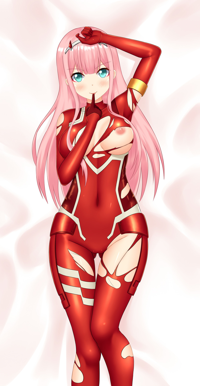absurdres aqua_eyes areolae ass_visible_through_thighs bangs blunt_bangs blush bodysuit breasts covered_navel dakimakura darling_in_the_franxx eyebrows_visible_through_hair finger_to_mouth hairband highres horns keshigomu large_breasts long_hair looking_at_viewer lying nipples on_back pilot_suit pink_hair red_bodysuit smile solo straight_hair tongue tongue_out torn_bodysuit torn_clothes white_hairband zero_two_(darling_in_the_franxx)