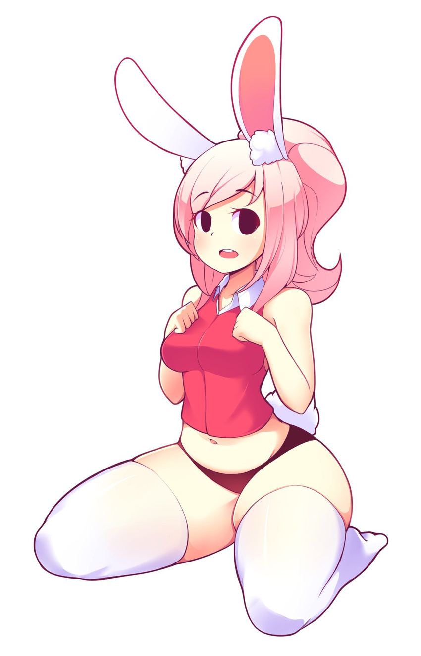 animal_ears black_eyes bunny_ears bunny_tail fiz_(fizintine) fizintine highres long_hair navel open_mouth original pink_hair ponytail seiza sitting solo tail thick_thighs thighs thong white_background