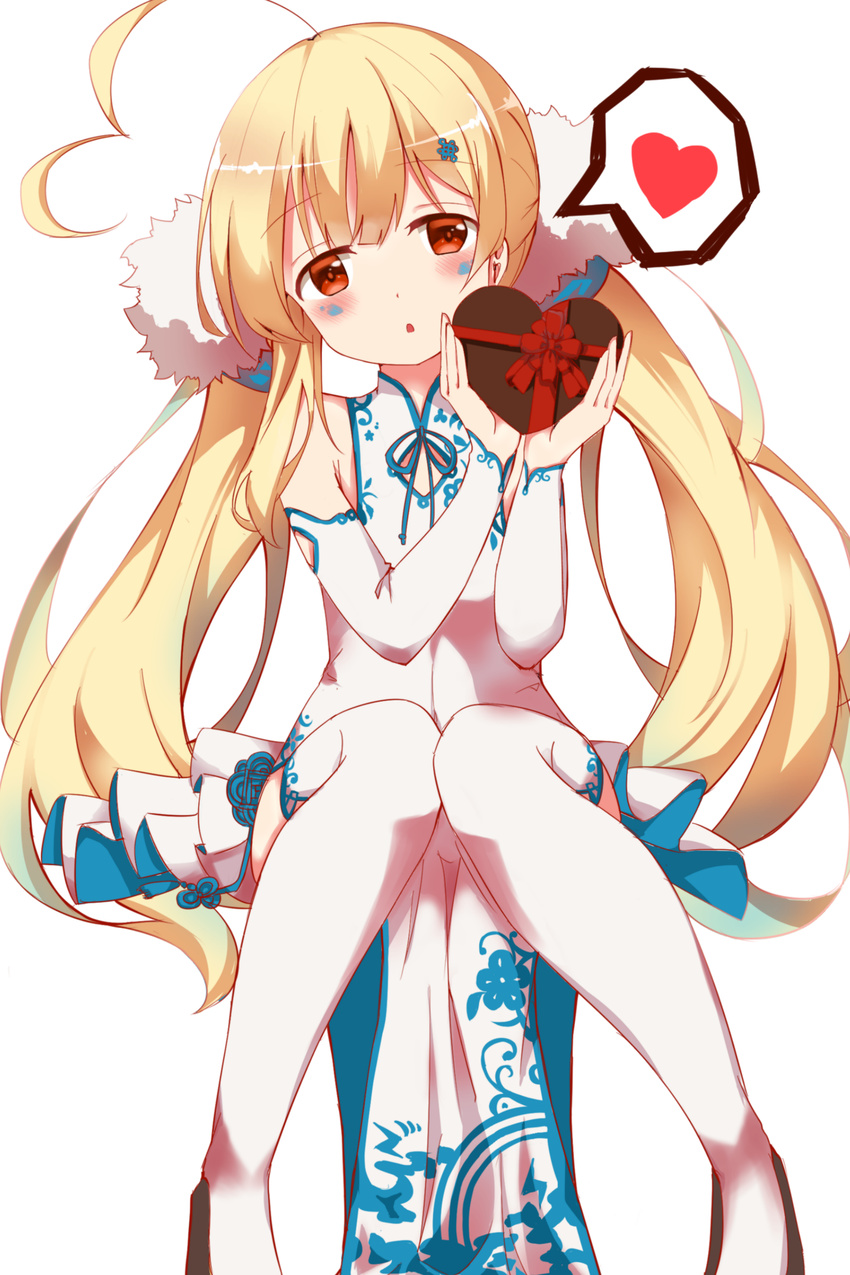 absurdres ahoge azur_lane bangs blonde_hair blush boots bow brown_eyes chocolate chocolate_heart commentary_request detached_sleeves dress eldridge_(azur_lane) eyebrows_visible_through_hair facial_mark food gift_wrapping hair_ornament head_tilt heart heart_ahoge highres holding holding_food long_hair long_sleeves looking_at_viewer mola_mola parted_lips pelvic_curtain red_bow red_ribbon ribbon side_slit sitting sleeveless sleeveless_dress solo spoken_heart thigh_boots thighhighs twintails valentine very_long_hair white_dress white_footwear white_legwear