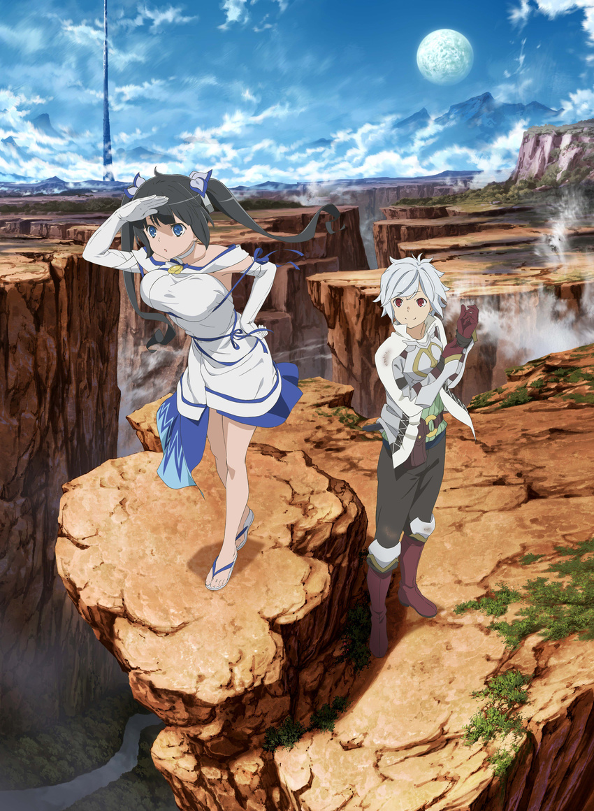1girl :o absurdres artist_request bell_cranel black_hair blue_eyes boots breasts canyon cloud day dress dungeon_ni_deai_wo_motomeru_no_wa_machigatteiru_darou_ka elbow_gloves flip-flops gloves hair_ribbon hand_on_hip hestia_(danmachi) highres key_visual large_breasts looking_afar moon mountain official_art outdoors pants red_eyes rei_no_himo ribbon river sandals shading_eyes short_hair sky smile standing tower twintails white_dress white_gloves white_hair