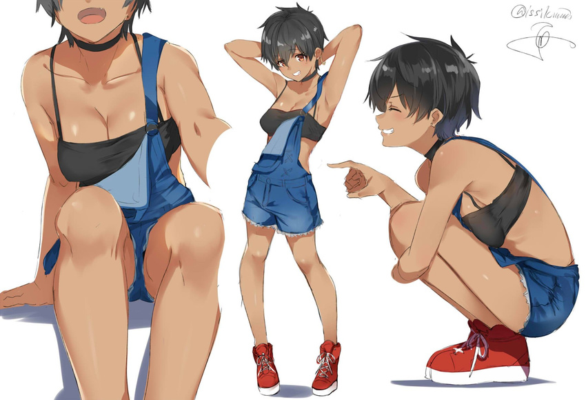 :d ^_^ ^o^ armpits arms_behind_head arms_up bandeau bare_arms bare_shoulders black_choker black_hair breast_press breasts choker cleavage closed_eyes cutoffs dark_skin eyebrows_visible_through_hair fang feet_out_of_frame full_body grin head_out_of_frame highres isshiki_(ffmania7) leg_hug legs_apart medium_breasts multiple_views open_mouth original outstretched_arm overalls pigeon-toed pointing red_eyes red_footwear shiny shiny_hair shoes short_hair sideboob signature simple_background sitting smile spaghetti_strap squatting standing teeth twitter_username white_background