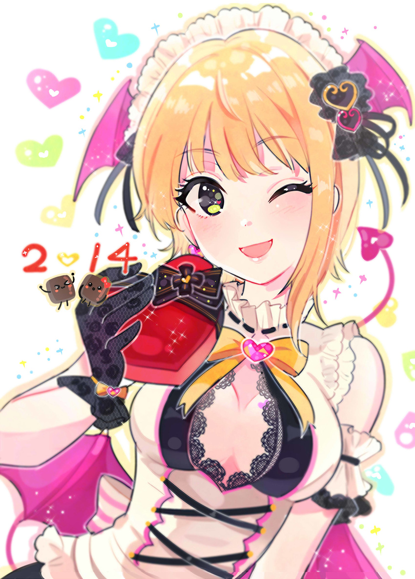 absurdres arm_garter asymmetrical_hair bangs bat_wings black_gloves blonde_hair blush box breasts chocolate cleavage_cutout commentary cross-laced_clothes dated demon_tail eyebrows_visible_through_hair frills gift gift_box gloves green_eyes happy_birthday head_wings headdress heart heart-shaped_box highres idolmaster idolmaster_cinderella_girls idolmaster_cinderella_girls_starlight_stage looking_at_viewer medium_breasts miyamoto_frederica neck_ribbon one_eye_closed open_mouth ribbon shiny shiny_hair short_hair sleeveless smile solo sparkle tail tomato_omurice_melon wings yellow_ribbon
