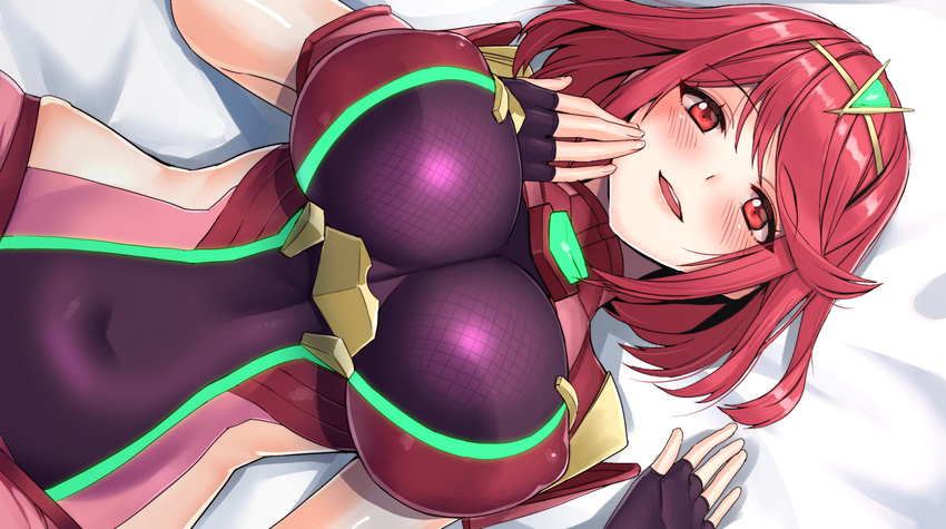 angelo_(gomahangetsu) bangs blush breasts commentary covered_navel covered_nipples fingerless_gloves gloves hair_ornament hand_on_own_cheek highres homura_(xenoblade_2) huge_breasts jewelry looking_at_viewer lying on_back puffy_nipples red_eyes red_hair short_hair smile solo swept_bangs tiara xenoblade_(series) xenoblade_2