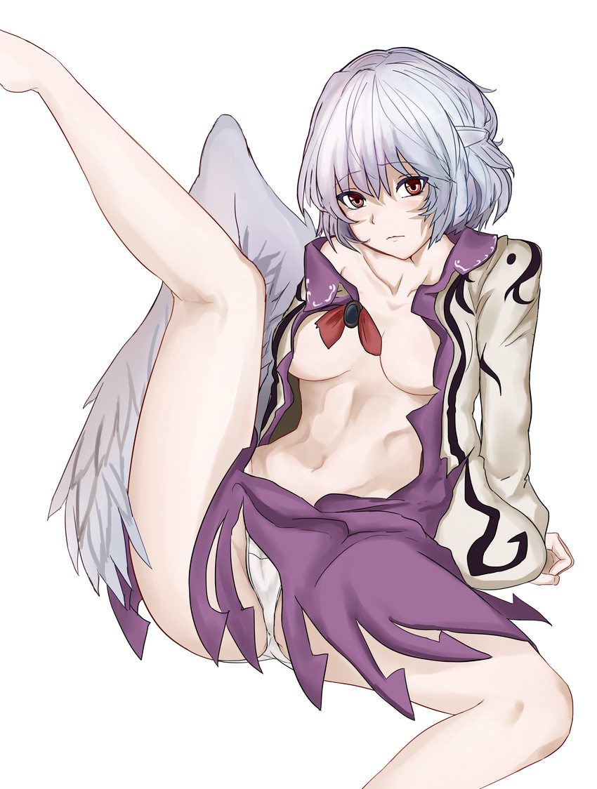 absurdres arm_support bare_legs barefoot bow bowtie breasts breasts_apart closed_mouth collarbone commentary_request eyebrows_visible_through_hair graphite_(medium) grey_hair grey_wings highres jacket kishin_sagume kuropan122 leaning_back leg_up long_sleeves looking_at_viewer medium_breasts navel no_bra off_shoulder open_clothes open_jacket open_shirt panties purple_shirt purple_skirt red_eyes shirt short_hair simple_background single_wing sitting skirt solo spread_legs stomach touhou traditional_media underwear white_background white_panties wings