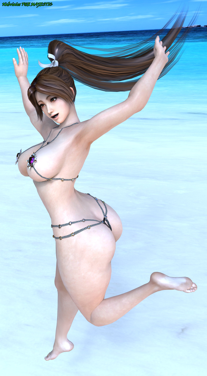 1girl 3d ass back bare_back bare_legs bare_shoulders barefoot beach bikini breasts brown_eyes brown_hair dead_or_alive fatal_fury feet hips huge_ass jumping king_of_fighters kunoichi large_breasts legs long_hair looking_down micro_bikini ninja ocean open_mouth ponytail shiranui_mai sky smile soles solo swimsuit the_majestic thick_thighs thighs toes water wide_hips