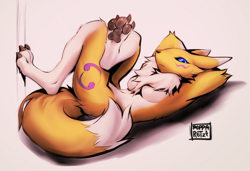 2018 3_toes blue_eyes breasts chest_tuft claws crossed_legs digimon facial_markings female fur looking_at_viewer lying markings pawpads paws popparotzi renamon simple_background toe_claws toes tuft under_boob white_background yellow_fur