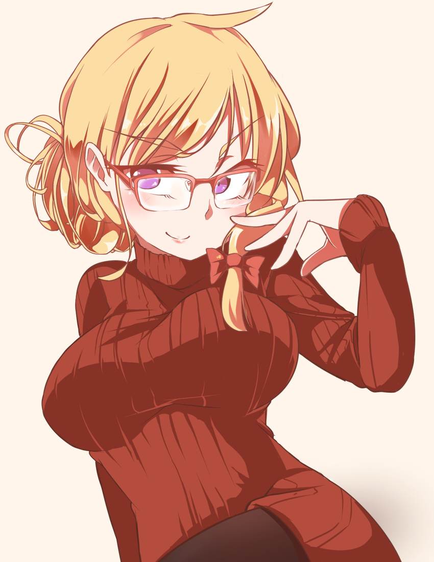 alternate_costume alternate_hairstyle bangs bespectacled blonde_hair breasts closed_mouth commentary_request ear eyebrows_visible_through_hair eyelashes glasses gokuu_(acoloredpencil) hair_behind_ear hair_ribbon highres large_breasts long_sleeves looking_at_viewer pantyhose parted_bangs purple_eyes red_sweater ribbon smile solo sweater touhou turtleneck v-shaped_eyebrows yakumo_yukari