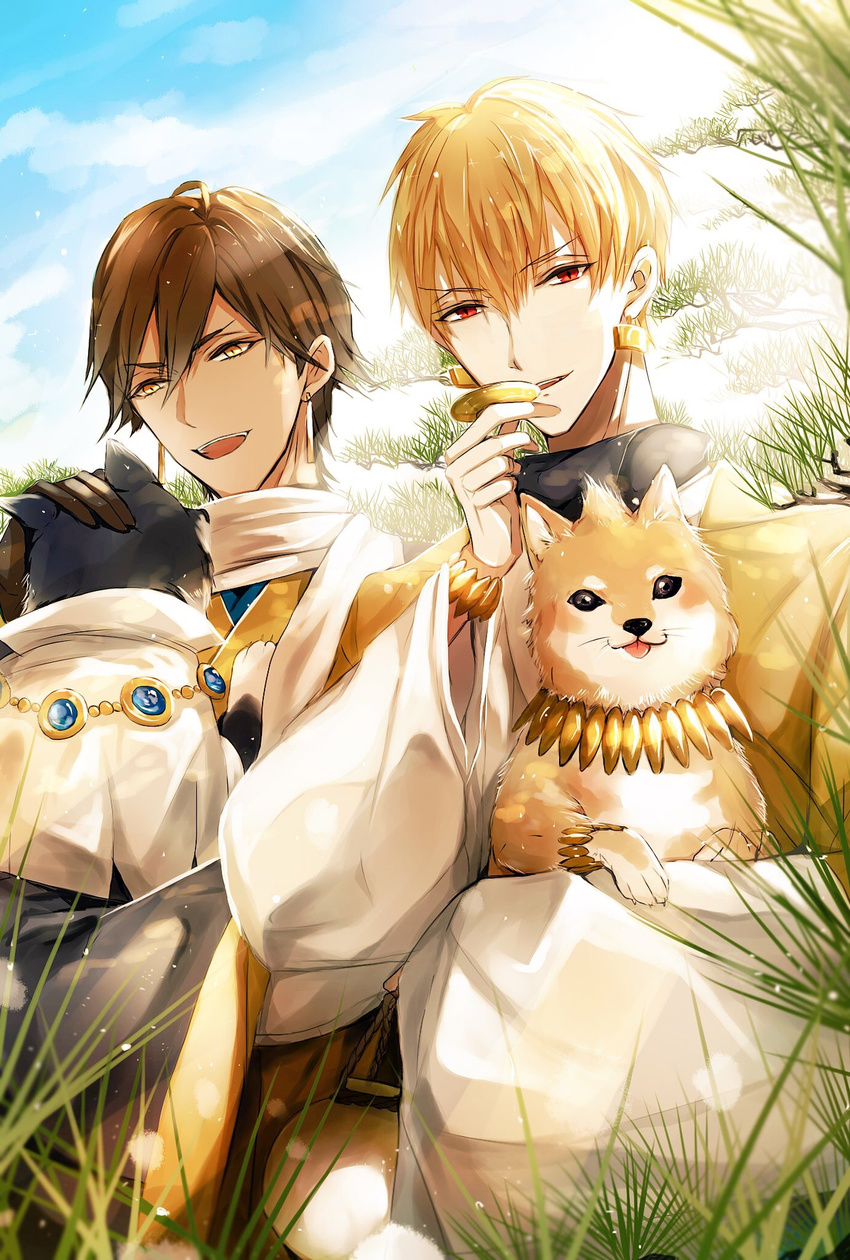 animal backlighting black_gloves blonde_hair brown_hair clothed_animal commentary_request day dog earrings fate_(series) gilgamesh gloves gold_trim grass highres jewelry looking_at_viewer male_focus multiple_boys open_mouth outdoors ozymandias_(fate) red_eyes sepia shiba_inu smile yellow_eyes yomonoseiseisei