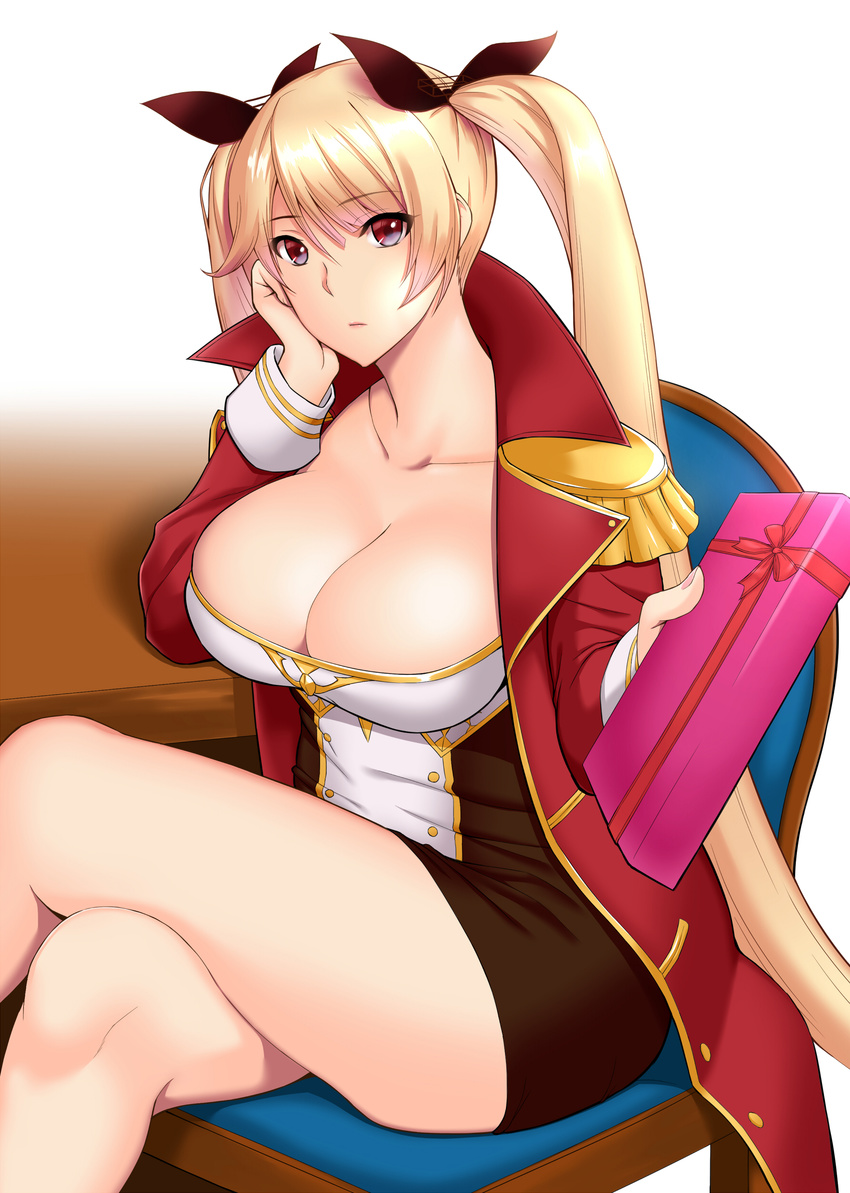 absurdres armchair azur_lane black_bow blonde_hair bow box breasts chair cleavage closed_mouth coat collarbone crossed_legs dress epaulettes frown gift gift_box highres holding holding_gift large_breasts long_hair long_sleeves looking_at_viewer mizuse_kouichi nelson_(azur_lane) red_coat red_eyes shiny shiny_hair short_dress sitting twintails valentine very_long_hair white_background white_dress