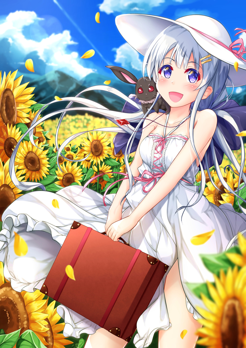 :d absurdres animal animal_on_shoulder bare_arms bare_shoulders blue_eyes blue_sky blush breasts cleavage cloud collarbone condensation_trail crystal day dress field flower flower_field hair_ornament hairclip hat hat_ribbon highres jewelry medium_breasts mizuki_kakeru moe2018 mountain open_mouth original outdoors pendant petals pink_ribbon ribbon silver_hair sky smile solo suitcase sun_hat sundress sunflower v_arms wind wind_lift