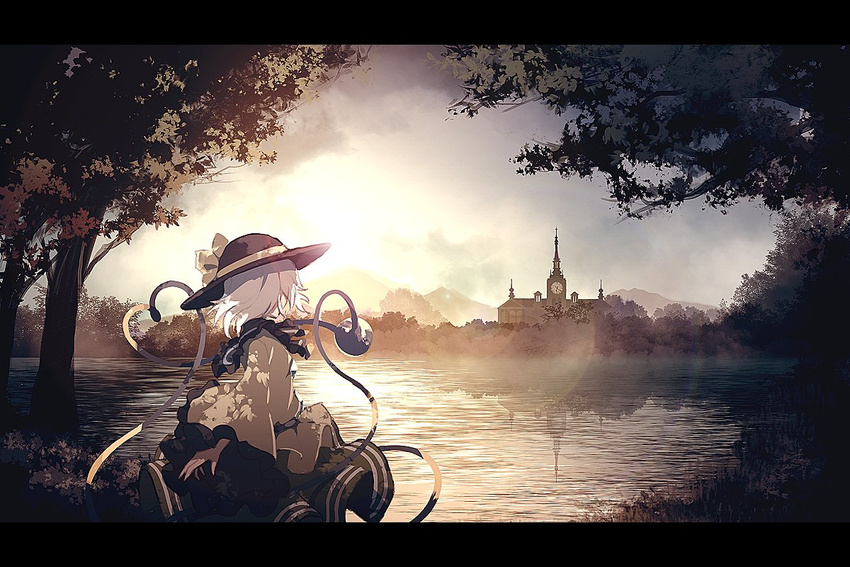 black_hat blouse bow building bush clock clock_tower cloud collar commentary_request diamond dise eyeball frilled_collar frills from_side grey_hair hat hat_bow heart heart_of_string komeiji_koishi lake landscape long_sleeves looking_away misty_lake mountain outdoors scarlet_devil_mansion scenery short_hair skirt sky solo sun sunlight sunset third_eye touhou tower tree wide_sleeves yellow_blouse yellow_bow