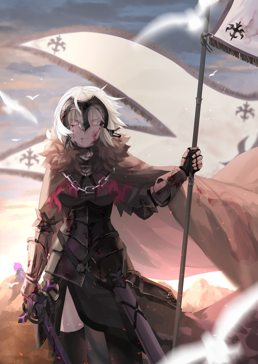 absurdres armor armored_dress banner bird black_dress black_legwear blood blood_on_face cape chain dress fate/grand_order fate_(series) fur_trim highres holding holding_sword holding_weapon jeanne_d'arc_(alter)_(fate) jeanne_d'arc_(fate)_(all) looking_at_viewer mgr1219 outdoors sheath short_hair silver_hair solo standing sword thighhighs unsheathed weapon yellow_eyes