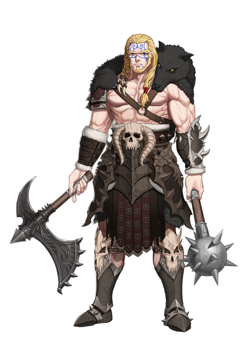 abs absurdres armor armored_boots axe battle_axe beard blonde_hair blue_eyes boots bracer braid closed_mouth dual_wielding ear_piercing expressionless facial_hair facial_tattoo faulds fingernails full_body fur_trim greem_bang hair_ornament hair_over_shoulder highres holding holding_axe holding_weapon horns knee_boots long_hair looking_at_viewer mace male_focus muscle o-ring original pelt piercing shorts shoulder_armor simple_background single_spaulder skull solo spaulders spiked_mace spikes standing tattoo warrior weapon white_background