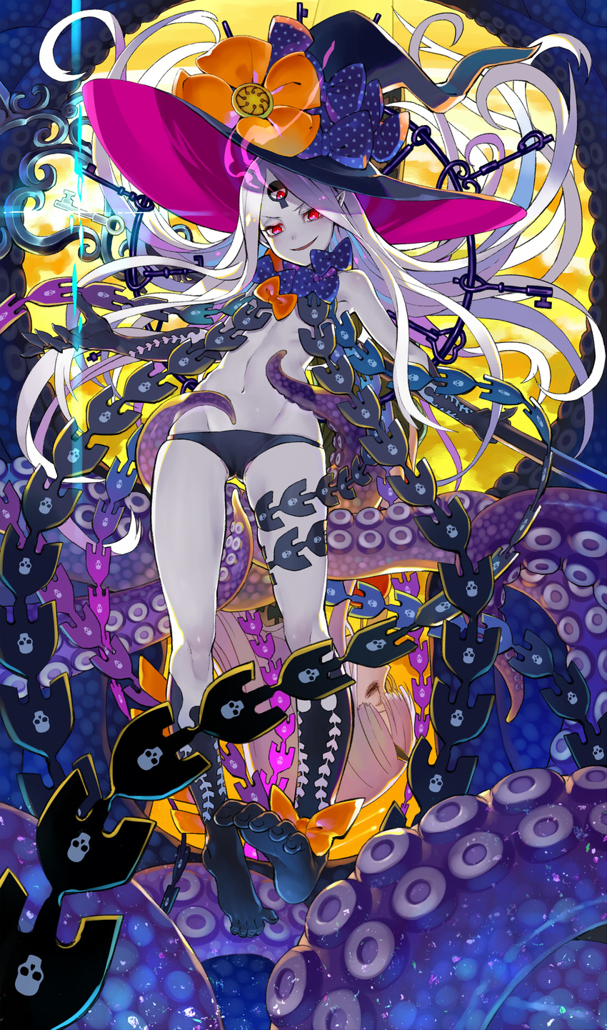 abigail_williams_(fate/grand_order) ankle_bow ankle_ribbon ass_visible_through_thighs bangs black_bow black_hat black_panties bow cameltoe fate/grand_order fate_(series) feet hat hat_bow highres horn key keyhole lavinia_whateley_(fate/grand_order) long_hair looking_at_viewer multiple_girls navel orange_bow panties parted_bangs polka_dot polka_dot_bow red_eyes ribbon shigehiro_(hiroi_heya) smile soles tentacles toes underwear very_long_hair white_hair white_skin witch_hat