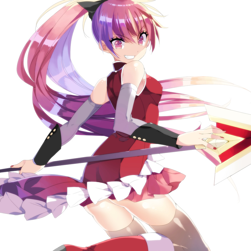 absurdres ass bad_id bad_pixiv_id bangs bare_shoulders black_ribbon blush bow breasts buttons commentary detached_sleeves dress eyebrows_visible_through_hair fingernails from_side grin hair_between_eyes hair_bow halterneck highres holding holding_weapon leg_up long_hair long_sleeves looking_at_viewer mahou_shoujo_madoka_magica medium_breasts misteor multicolored multicolored_clothes multicolored_dress multicolored_legwear multicolored_skirt parted_bangs polearm ponytail purple_eyes purple_hair ribbon sakura_kyouko skirt smile solo spear teeth thighhighs weapon white_background zettai_ryouiki