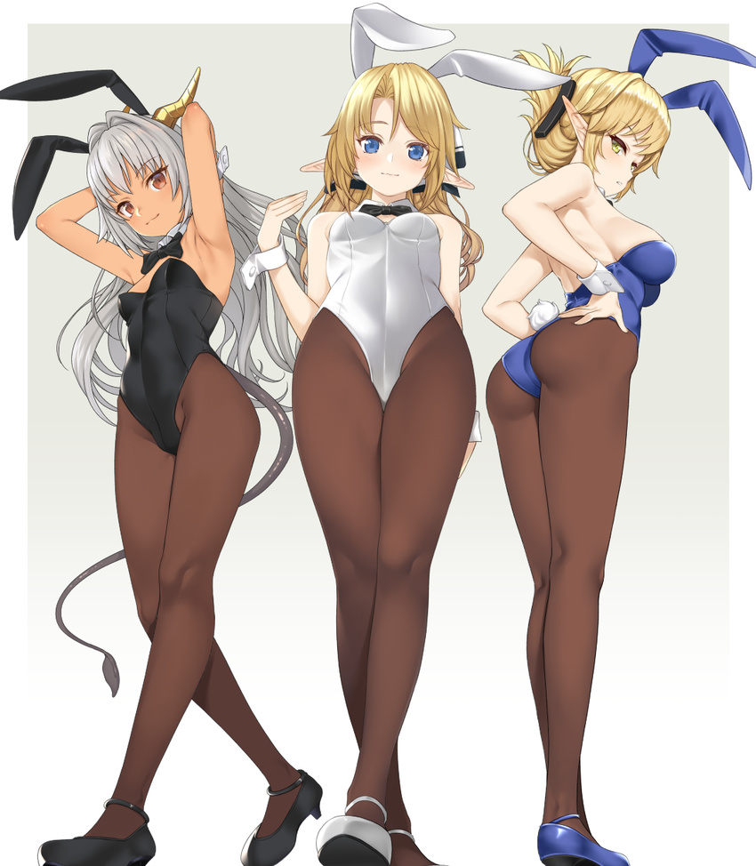 aegis_(takunomi) animal_ears armpits ass bad_perspective bangs bare_arms bare_shoulders black_bow black_legwear black_leotard black_neckwear blonde_hair blue_eyes blue_footwear blue_leotard bow bowtie breasts brown_eyes brown_legwear bunny_ears bunny_girl bunny_tail bunnysuit commentary_request crossed_arms dark_skin detached_collar dragon_girl elf eyebrows_visible_through_hair fake_animal_ears from_behind from_below full_body gradient gradient_background green_eyes grey_background hair_intakes hand_on_hip highleg highleg_leotard highres iris_(takunomi) leotard long_hair long_legs looking_at_viewer looking_back medium_breasts multiple_girls original outside_border pantyhose pointy_ears shiny shiny_hair shoes sideboob silver_hair simple_background small_breasts smile standing swept_bangs tail takunomi ursula_(takunomi) white_background white_footwear white_leotard wrist_cuffs