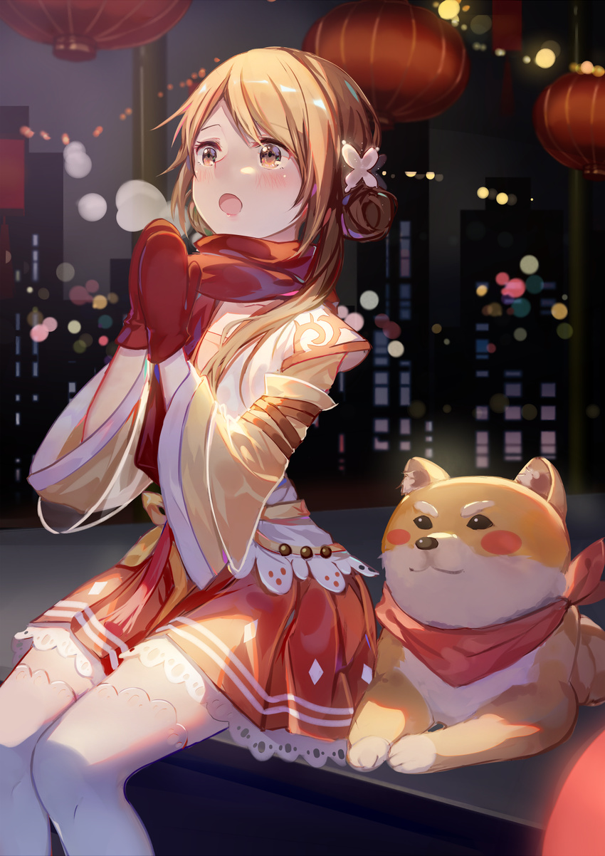blush breath brown_eyes brown_hair coat commentary_request dog gloves hair_ornament hairclip highres open_mouth original outdoors red_gloves scarf shiba_inu sitting snow snowing thighhighs white_legwear you_hashira