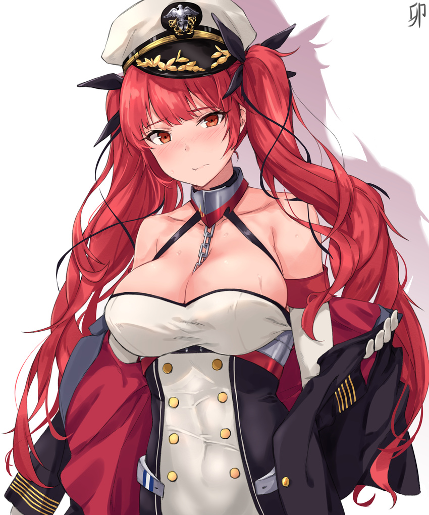 absurdres azur_lane bangs between_breasts black_ribbon blush breasts buttons chain choker cleavage collarbone commentary dress elbow_gloves eyebrows_visible_through_hair gloves hair_ribbon hat highres honolulu_(azur_lane) jacket large_breasts long_hair looking_at_viewer off_shoulder peaked_cap red_eyes red_hair ribbon sidelocks simple_background sirurabbit solo sweat tight_dress twintails underbust white_gloves