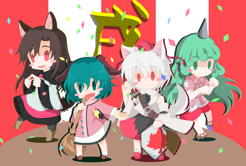 animal_ears bamboo_broom black_legwear blush_stickers broom brown_hair capelet chinese_zodiac closed_mouth collared_shirt commentary commentary_request confetti curly_hair dog_ears dress eyebrows_visible_through_hair full_body geta green_eyes green_hair highres holding holding_broom horn imaizumi_kagerou inubashiri_momiji kariyushi_shirt kasodani_kyouko komano_aun leaf long_hair long_sleeves maple_leaf multicolored multicolored_clothes multicolored_dress multicolored_shorts multicolored_skirt multiple_girls music open_mouth outstretched_arms paw_pose pom_pom_(clothes) red_eyes red_footwear shadow sheath shield shirt shoes short_hair short_sleeves shorts singing skirt smile spread_arms standing standing_on_one_leg strap sword tanbo_no_naka touhou turtleneck weapon white_hair white_legwear white_shirt wide_sleeves wolf_ears year_of_the_dog