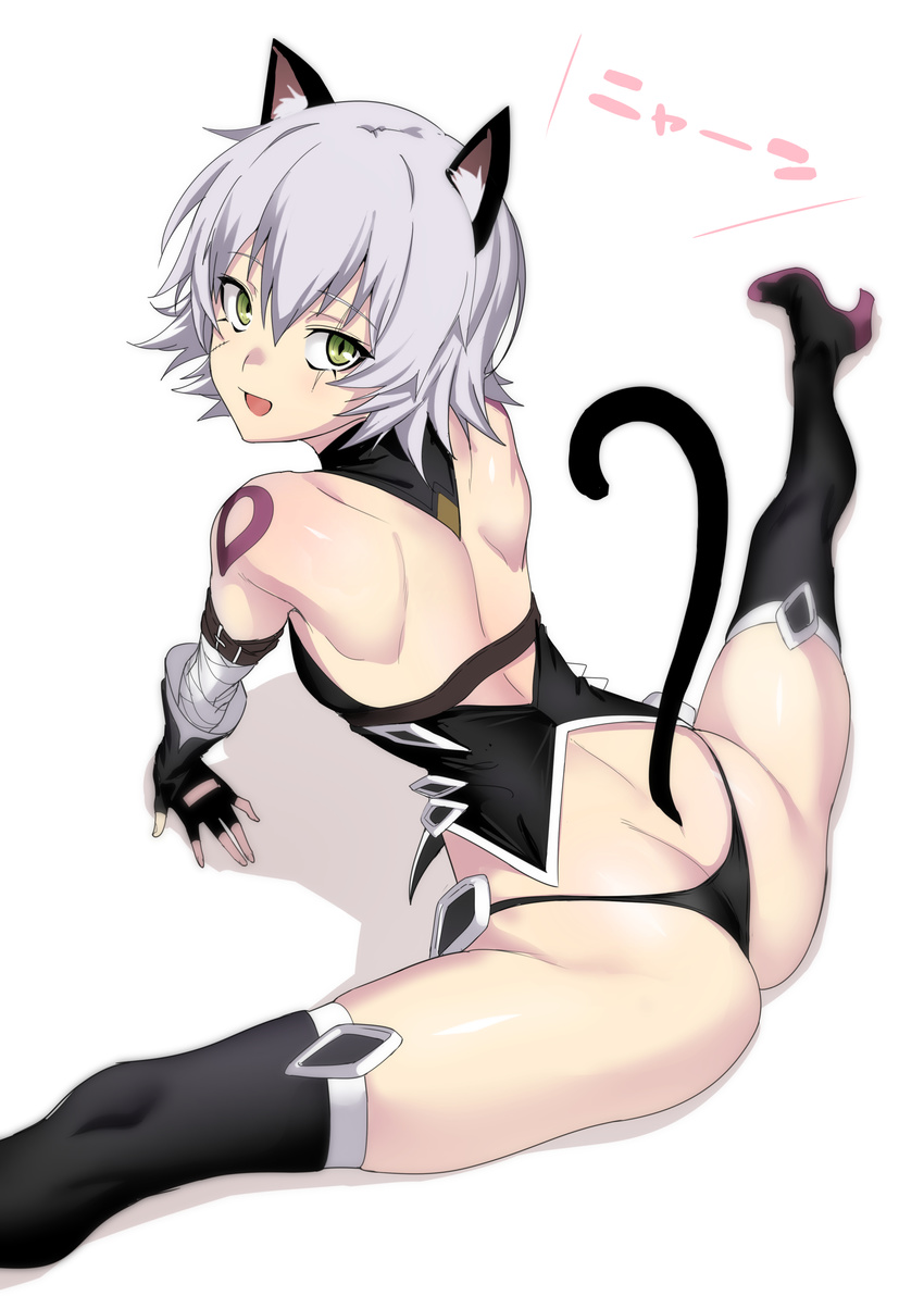 absurdres animal_ears arm_strap arm_support ass bandaged_arm bandages bare_shoulders black_gloves black_legwear black_panties boots breasts cat_ears cat_tail commentary_request fate/apocrypha fate_(series) fingerless_gloves from_above from_behind gloves green_eyes hair_between_eyes high_heel_boots high_heels highres jack_the_ripper_(fate/apocrypha) kemonomimi_mode leaning_forward looking_at_viewer looking_back looking_up open_mouth panties scar scar_across_eye short_hair shoulder_blades silver_hair simple_background sitting small_breasts solo split spread_legs tail tail_raised tattoo thigh_boots thighhighs thong ulrich_(tagaragakuin) underwear white_background