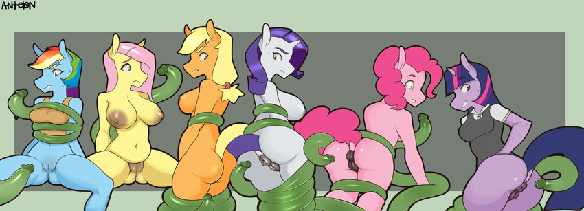 2016 antelon anthro anthrofied anus applejack_(mlp) areola big_breasts blonde_hair bottomless breast_size_difference breasts butt clothed clothing dock earth_pony equine female fluttershy_(mlp) friendship_is_magic group hair horn horse long_hair mammal multicolored_hair my_little_pony navel nipples nude pink_hair pinkie_pie_(mlp) pony purple_hair pussy rainbow_dash_(mlp) rainbow_hair rarity_(mlp) restrained sweat tentacles twilight_sparkle_(mlp) unicorn