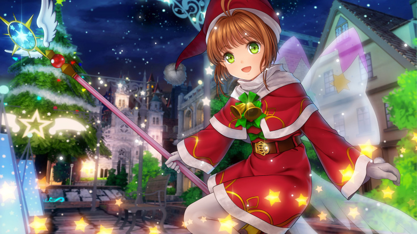 bell brown_hair card_captor_sakura christmas dress gloves green_eyes hat kinomoto_sakura moonknives night pantyhose santa_costume santa_hat short_hair wings