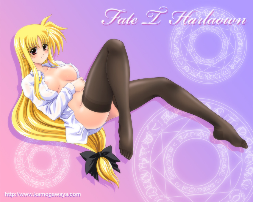 alternate_legwear blonde_hair blush bow breasts dress_shirt fate_testarossa hair_bow kamogawa_tanuki large_breasts long_hair low-tied_long_hair lyrical_nanoha magic_circle mahou_shoujo_lyrical_nanoha_strikers naked_shirt octagram open_clothes open_shirt red_eyes shirt solo star_of_lakshmi thighhighs very_long_hair wallpaper