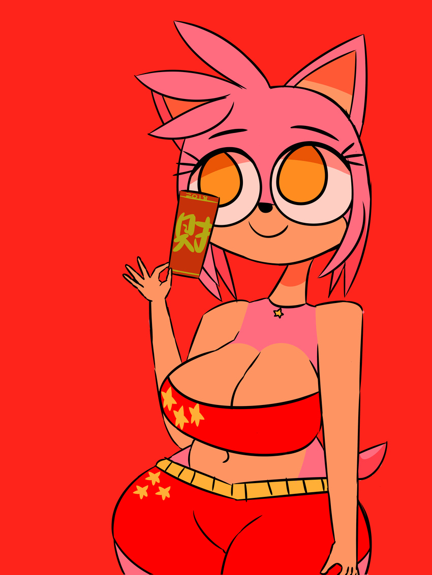 2018 5_fingers absurd_res amy_rose anthro belly big_breasts breasts chinese_new_year cleavage clothed clothing crop_top danishtreat digital_media_(artwork) female hedgehog hi_res holding_object mammal midriff navel orange_eyes red_background shirt short_stack shorts simple_background slightly_chubby small_hands smile solo sonic_(series) thick_thighs voluptuous wide_hips