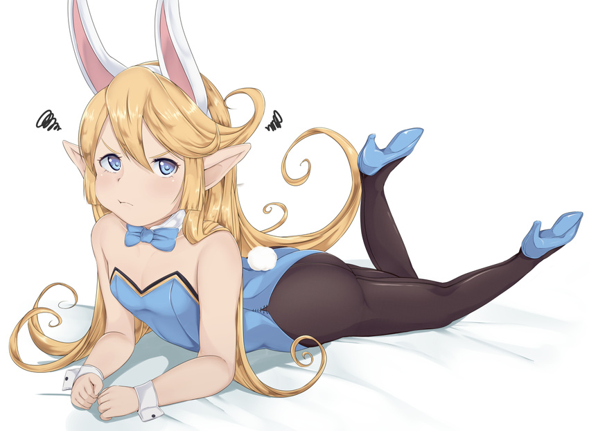 animal_ears blonde_hair blue_eyes blue_footwear blue_leotard blue_neckwear blush bullseye1203 bunny_ears bunny_tail bunnysuit charlotta_fenia clenched_hands closed_mouth collarbone detached_collar fake_animal_ears flat_chest from_side full_body granblue_fantasy hair_between_eyes harvin high_heels leg_up leotard long_hair looking_at_viewer lying on_stomach pantyhose pointy_ears solo squiggle tail v-shaped_eyebrows very_long_hair white_background wrist_cuffs