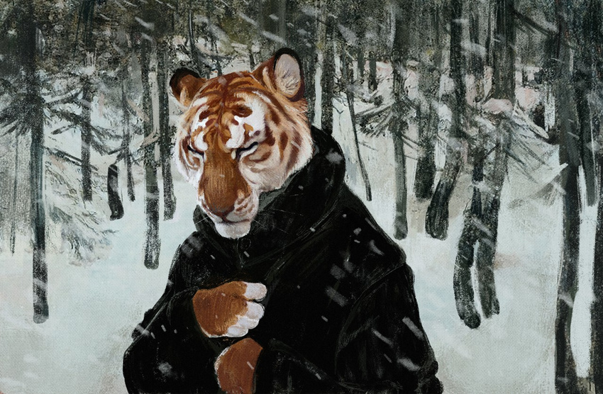anthro clothed clothing coat eyes_closed feline forest fur hriscia inner_ear_fluff mammal outside snow snowing solo striped_fur stripes tiger tree whiskers