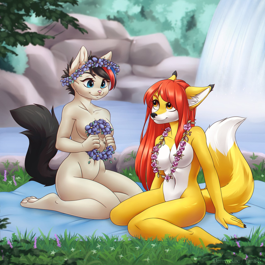 2018 anthro blue_eyes breasts canine cat dannyckoo day detailed_background digital_media_(artwork) duo feline fox fur hair mammal navel nude orange_eyes outside red_hair sitting smile yana-r yellow_fur