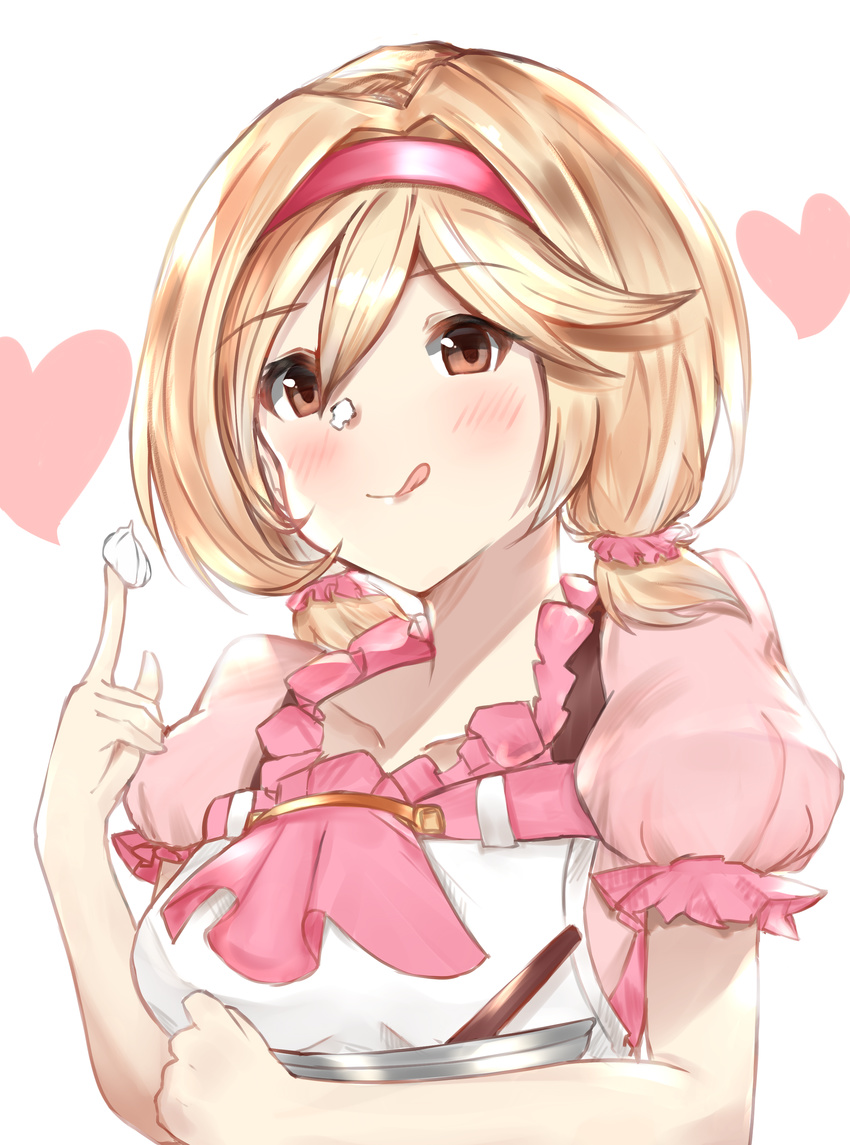 :q absurdres alternate_hairstyle blonde_hair brown_eyes closed_mouth collarbone djeeta_(granblue_fantasy) eyebrows_visible_through_hair food food_on_face food_on_finger frilled_sleeves frills granblue_fantasy hair_ornament hair_scrunchie hairband heart highres holding low_twintails mixing_bowl nemun_(tamizzz) pink_hairband pink_scrunchie puffy_short_sleeves puffy_sleeves scrunchie short_sleeves short_twintails smile solo tongue tongue_out twintails upper_body whipped_cream white_background