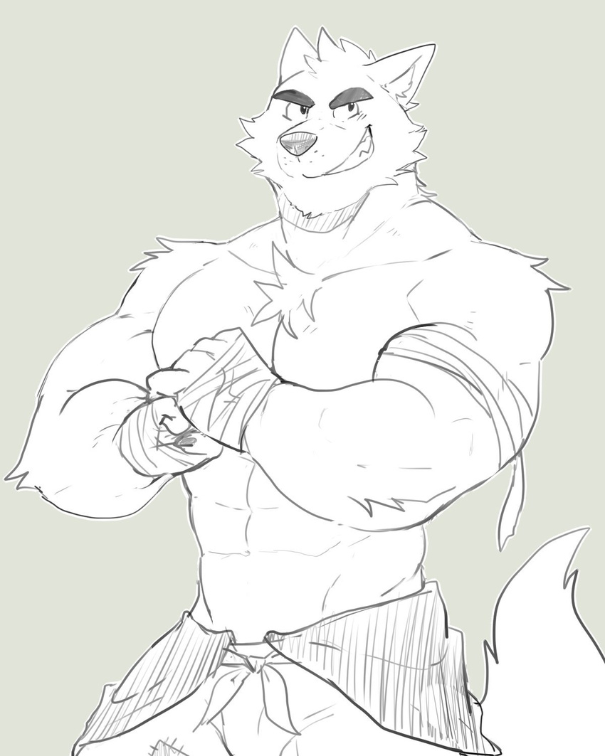 2018 abs anthro biceps canine chest_tuft clothed clothing dog fur hi_res kemono male mammal muscular muscular_male o-ro pecs tuft