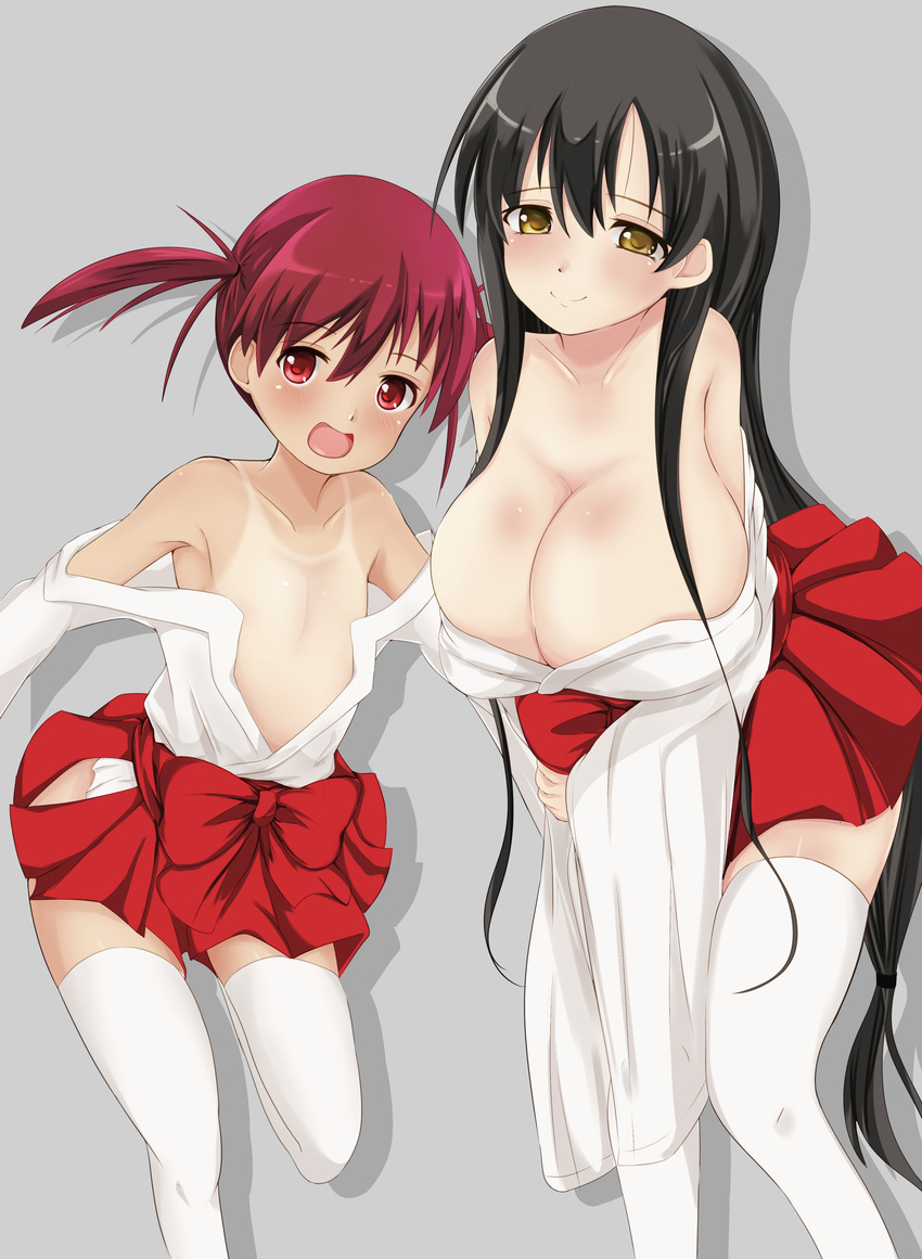 :d absurdres bad_id bad_pixiv_id black_hair blush breasts brown_eyes bullseye1203 cleavage closed_mouth collarbone eyebrows_visible_through_hair flat_chest grey_background hair_between_eyes highres huge_breasts iwato_kasumi leg_lift long_hair looking_at_viewer low-tied_long_hair multiple_girls open_mouth pleated_skirt red_eyes red_hair red_skirt saki short_hair silhouette skirt smile standing tan tanline thighhighs twintails usuzumi_hatsumi very_long_hair white_legwear