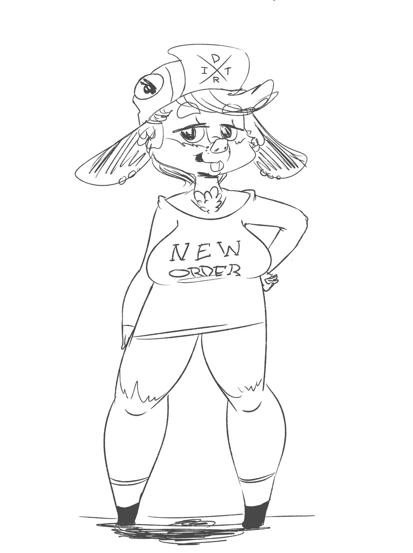 2015 anthro big_breasts breasts buckteeth chest_tuft clothed clothing digital_media_(artwork) english_text female footwear fully_clothed hair hand_on_hip hat lagomorph legwear line_art looking_at_viewer mammal monochrome rabbit shoes short_hair smile smutbooru socks solo standing teeth text tuft