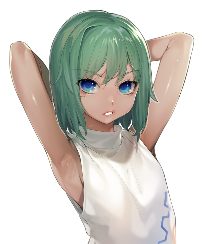 absurdres armpits arms_behind_head arms_up bad_id bad_pixiv_id bangs bare_arms bare_shoulders blue_eyes dark_skin dragon_shadow_spell eyebrows_visible_through_hair green_hair highres jefforty_tote looking_at_viewer male_focus ohisashiburi otoko_no_ko parted_lips short_hair simple_background sleeveless solo teeth upper_body white_background