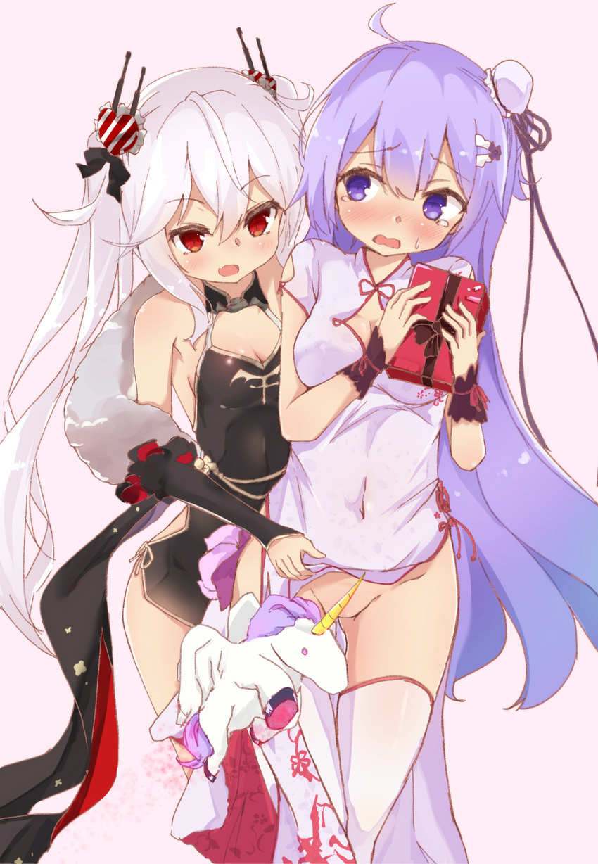 /\/\/\ 2girls animal azur_lane bangs bare_shoulders black_bow black_dress bow box breasts bun_cover china_dress chinese_clothes cleavage commentary_request convenient_censoring covered_navel detached_sleeves dress eyebrows_visible_through_hair gift gift_box groin hair_between_eyes hair_bow hair_bun hair_ornament hair_ribbon heart heart_hair_ornament highres holding holding_gift long_hair long_sleeves medium_breasts multiple_girls no_panties pelvic_curtain purple_eyes purple_hair red_eyes ribbon short_dress short_sleeves side_bun silver_hair spring_oct stuffed_alicorn stuffed_animal stuffed_toy thighhighs twintails unicorn_(azur_lane) vampire_(azur_lane) very_long_hair white_dress white_legwear wrist_cuffs